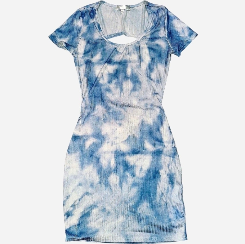 Riley & James Blue White Tie Dye Mini dress Open Back Tie Short Sleeve S Rib